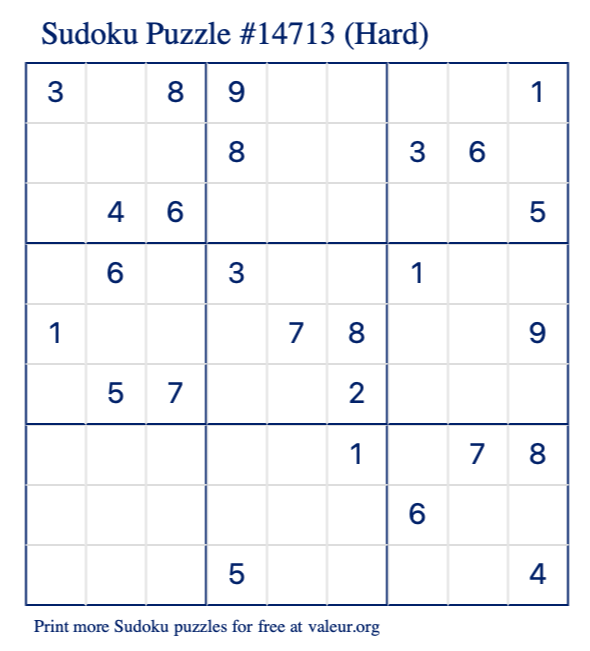 Free Printable Hard Sudoku Puzzle number 14713