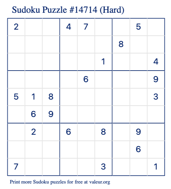 Free Printable Hard Sudoku Puzzle number 14714