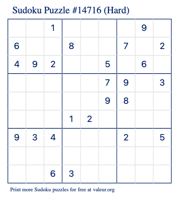 Free Printable Hard Sudoku Puzzle number 14716