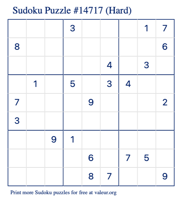 Free Printable Hard Sudoku Puzzle number 14717