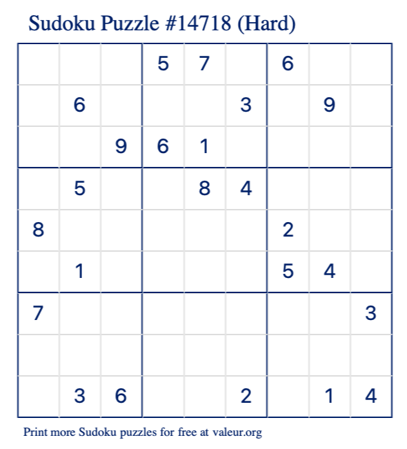 Free Printable Hard Sudoku Puzzle number 14718