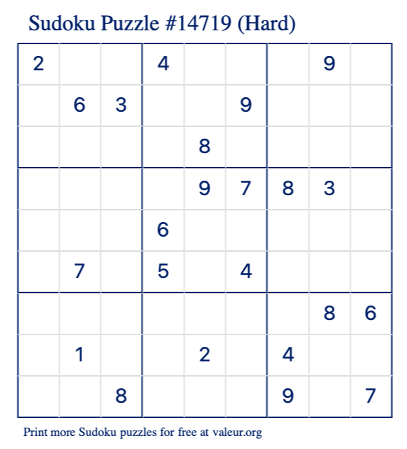 Free Printable Hard Sudoku Puzzle number 14719