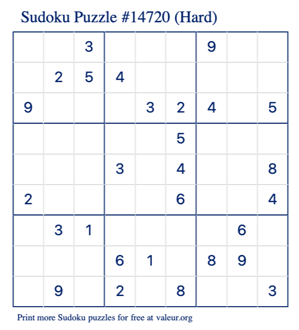 Free Printable Hard Sudoku Puzzle number 14720