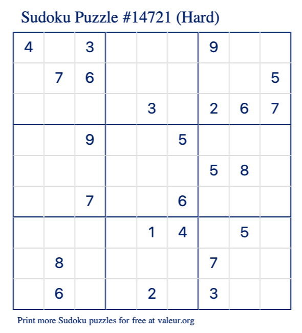 Free Printable Hard Sudoku Puzzle number 14721