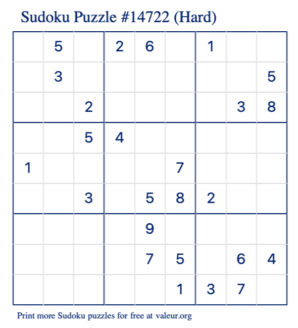 Free Printable Hard Sudoku Puzzle number 14722