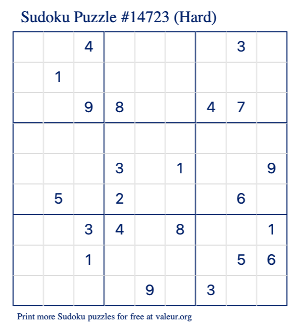 Free Printable Hard Sudoku Puzzle number 14723