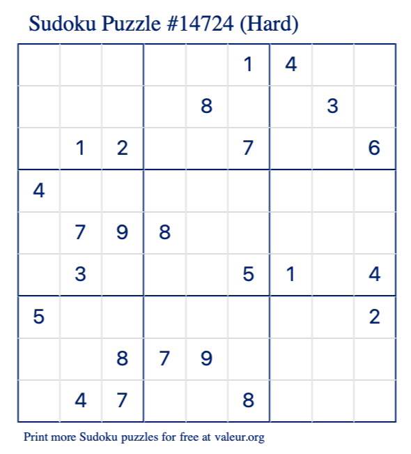 Free Printable Hard Sudoku Puzzle number 14724