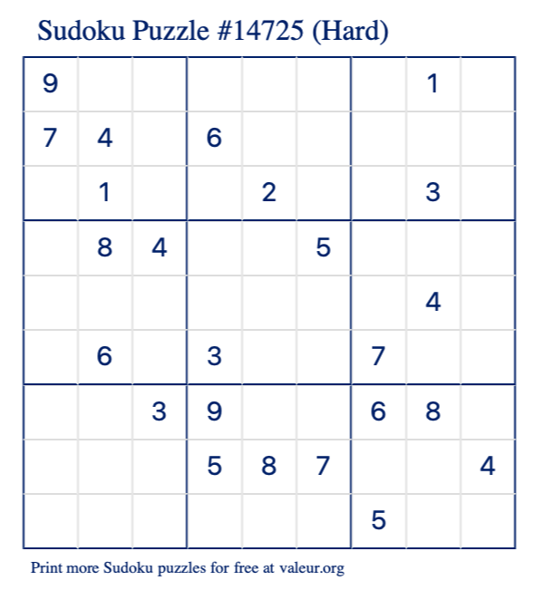 Free Printable Hard Sudoku Puzzle number 14725