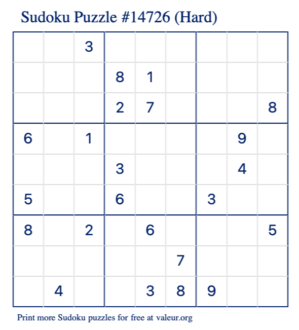 Free Printable Hard Sudoku Puzzle number 14726