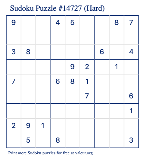 Free Printable Hard Sudoku Puzzle number 14727