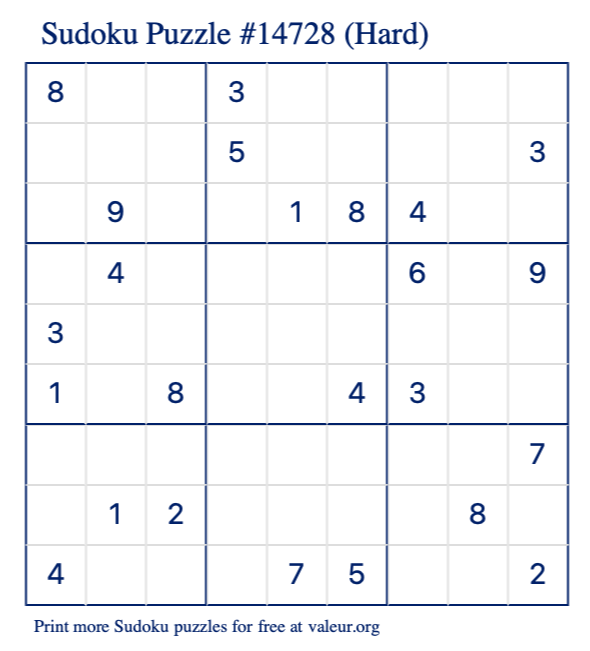 Free Printable Hard Sudoku Puzzle number 14728