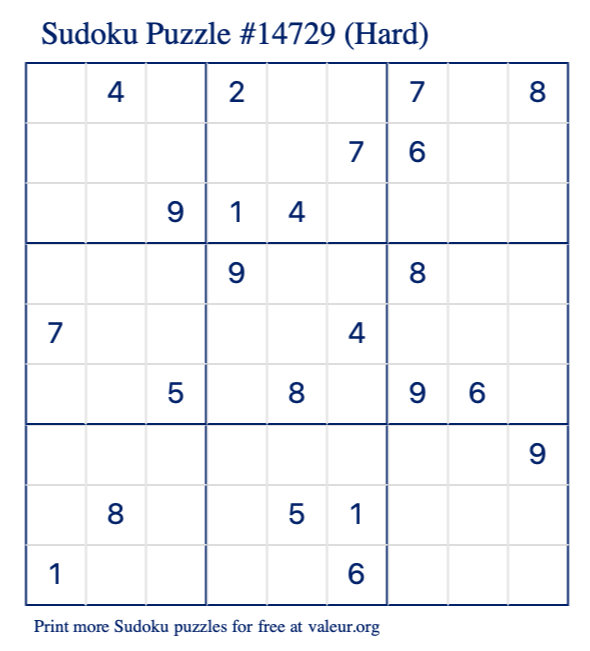 Free Printable Hard Sudoku Puzzle number 14729