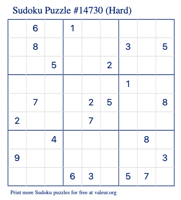 Free Printable Hard Sudoku Puzzle number 14730