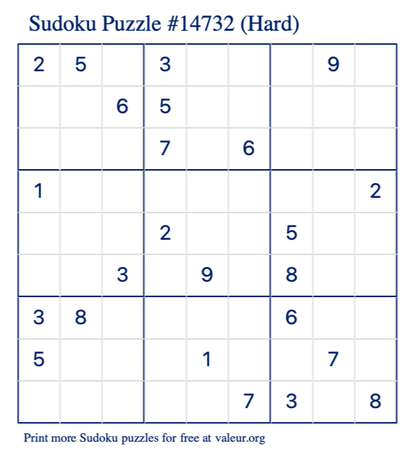 Free Printable Hard Sudoku Puzzle number 14732