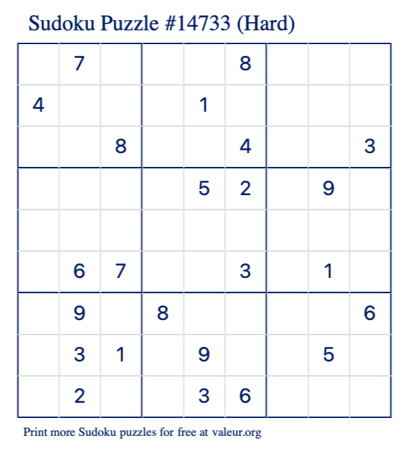 Free Printable Hard Sudoku Puzzle number 14733