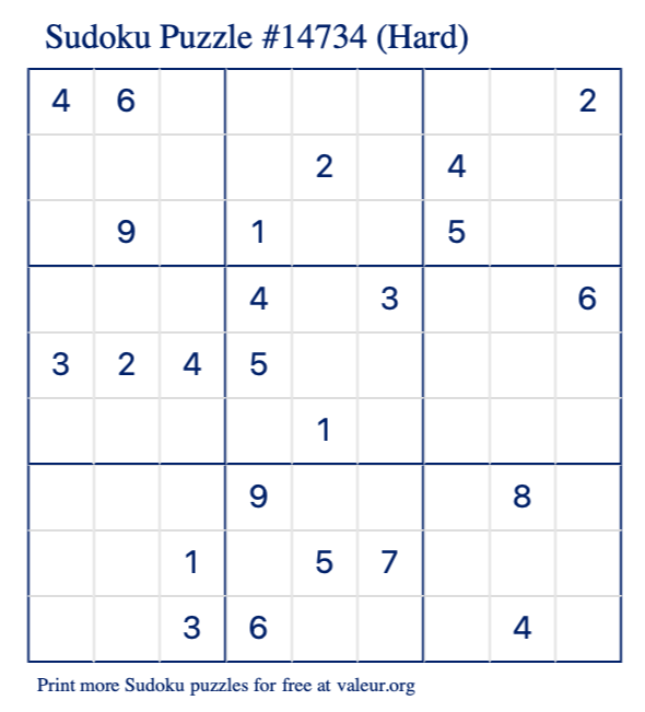 Free Printable Hard Sudoku Puzzle number 14734