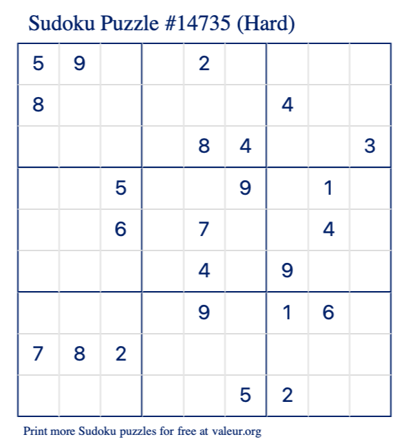 Free Printable Hard Sudoku Puzzle number 14735