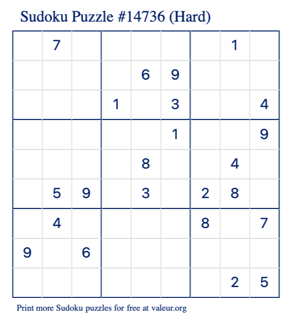 Free Printable Hard Sudoku Puzzle number 14736