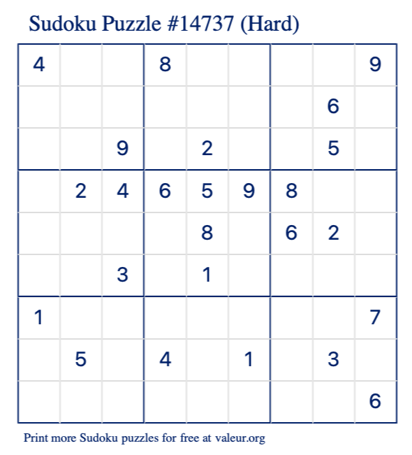 Free Printable Hard Sudoku Puzzle number 14737