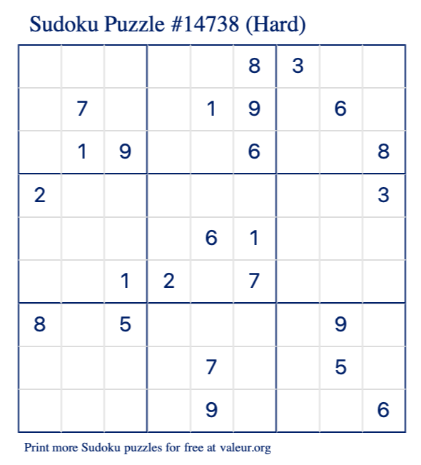 Free Printable Hard Sudoku Puzzle number 14738