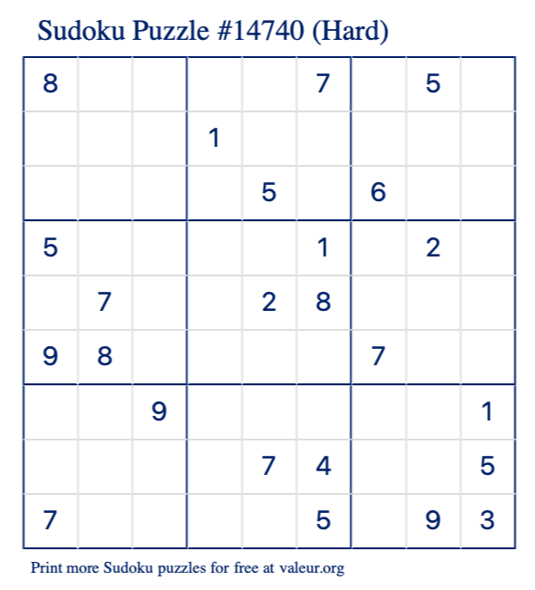 Free Printable Hard Sudoku Puzzle number 14740