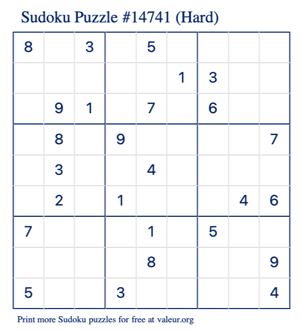 Free Printable Hard Sudoku Puzzle number 14741