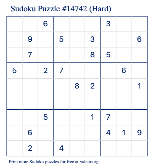 Free Printable Hard Sudoku Puzzle number 14742