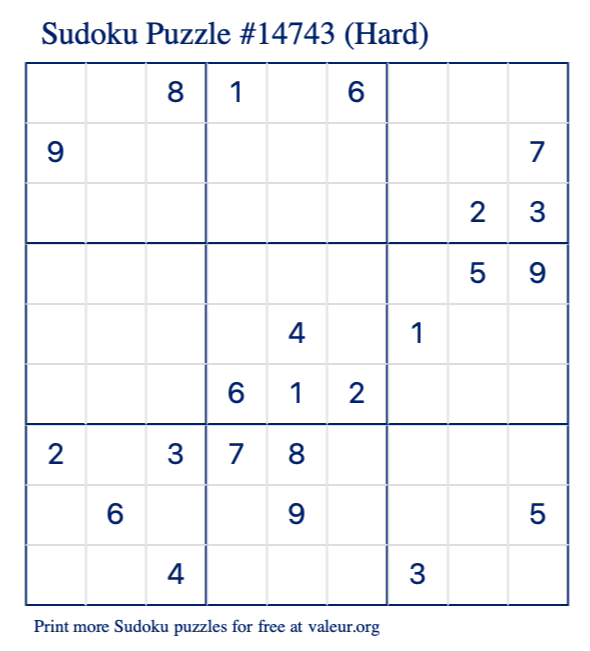 Free Printable Hard Sudoku Puzzle number 14743