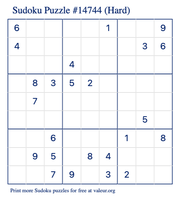 Free Printable Hard Sudoku Puzzle number 14744