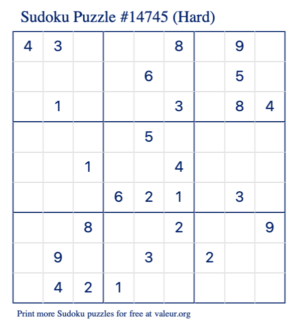 Free Printable Hard Sudoku Puzzle number 14745