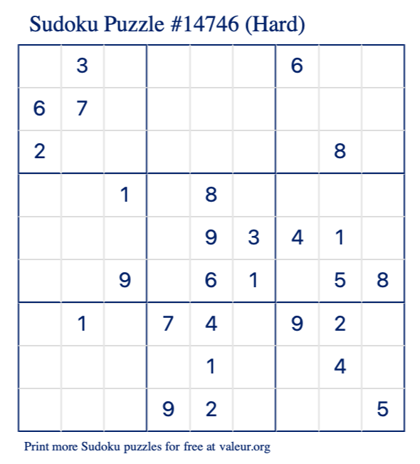 Free Printable Hard Sudoku Puzzle number 14746