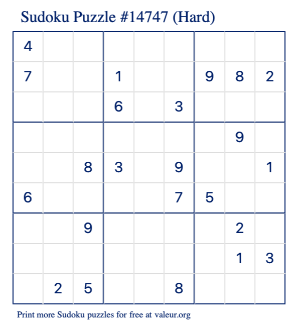 Free Printable Hard Sudoku Puzzle number 14747