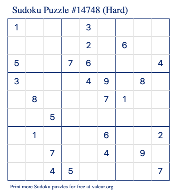 Free Printable Hard Sudoku Puzzle number 14748