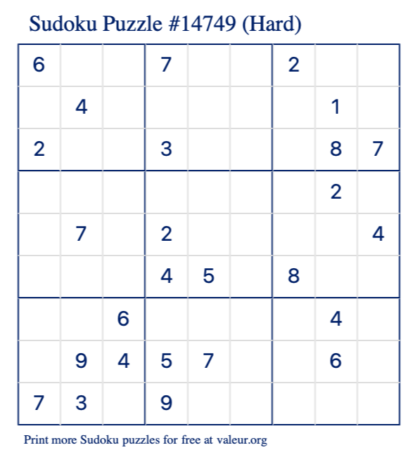 Free Printable Hard Sudoku Puzzle number 14749