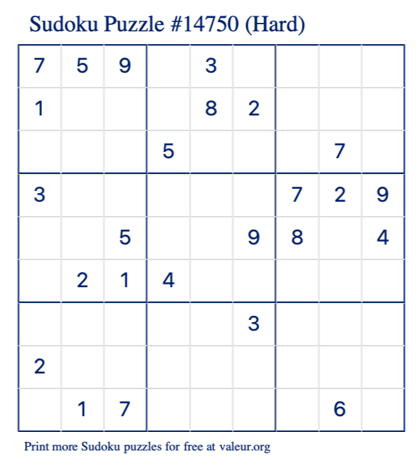 Free Printable Hard Sudoku Puzzle number 14750