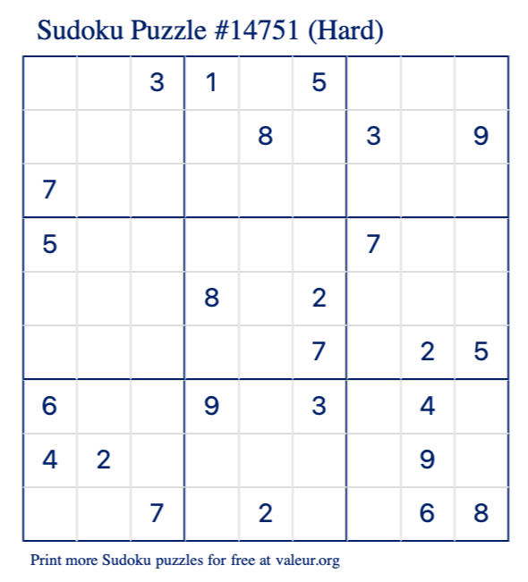 Free Printable Hard Sudoku Puzzle number 14751