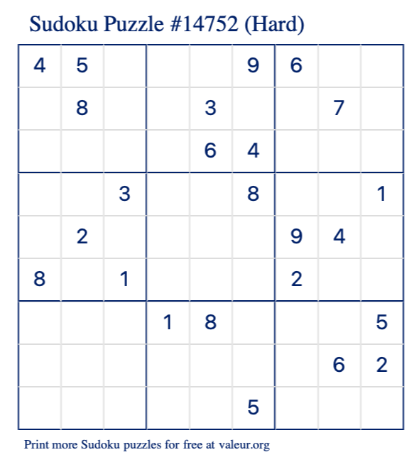 Free Printable Hard Sudoku Puzzle number 14752