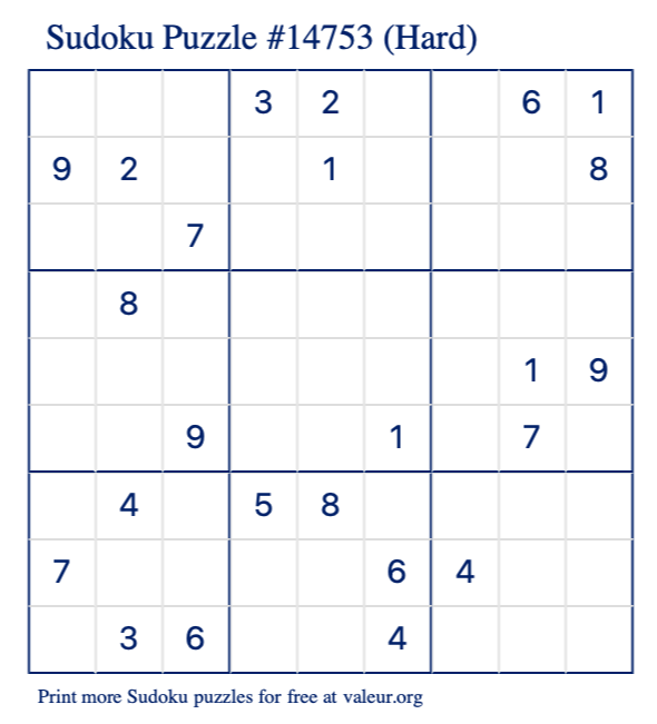 Free Printable Hard Sudoku Puzzle number 14753