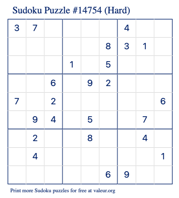 Free Printable Hard Sudoku Puzzle number 14754