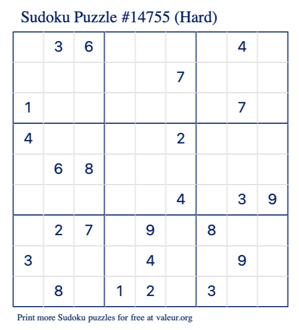 Free Printable Hard Sudoku Puzzle number 14755