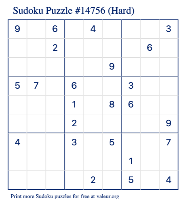 Free Printable Hard Sudoku Puzzle number 14756