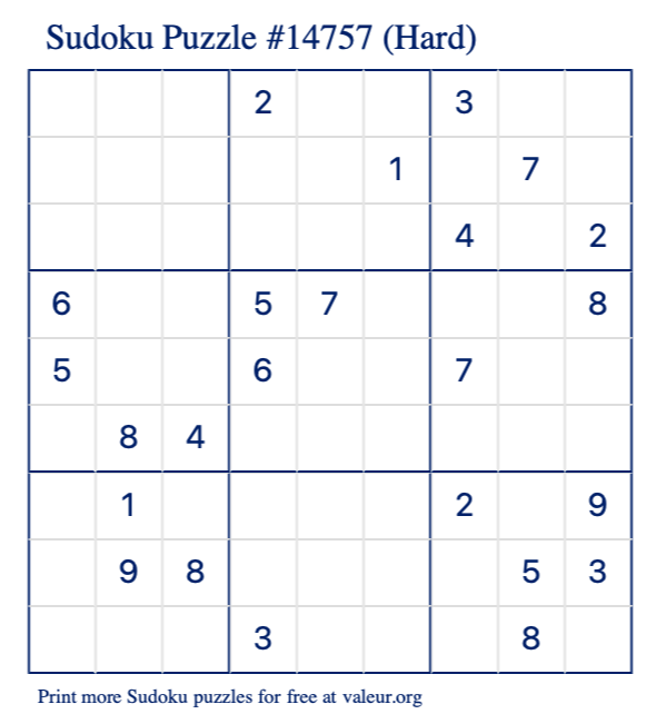 Free Printable Hard Sudoku Puzzle number 14757