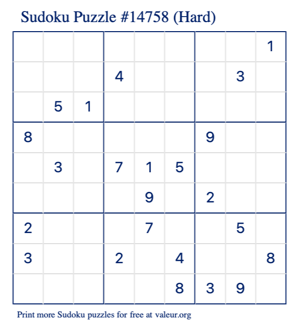 Free Printable Hard Sudoku Puzzle number 14758