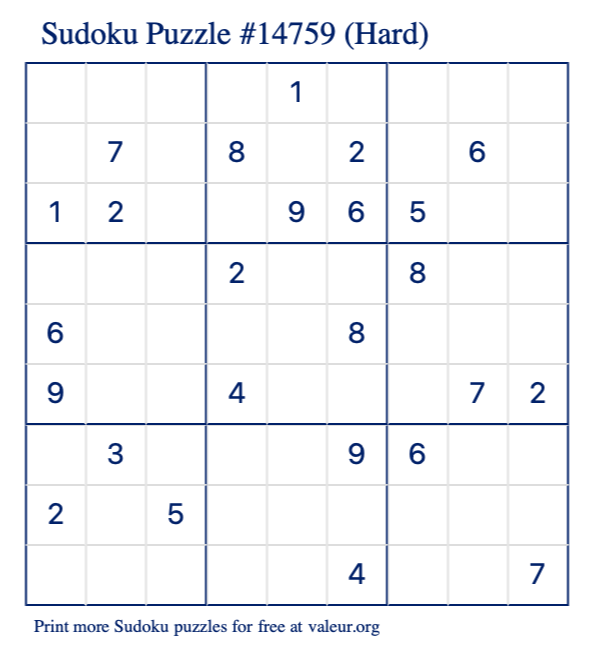 Free Printable Hard Sudoku Puzzle number 14759