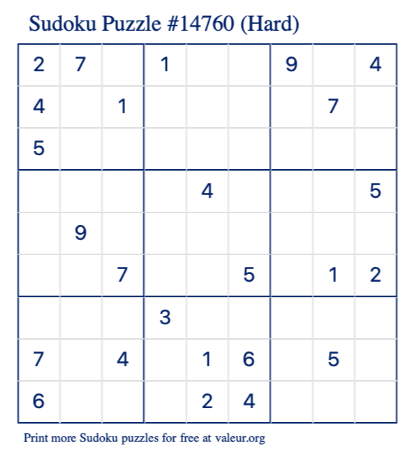 Free Printable Hard Sudoku Puzzle number 14760