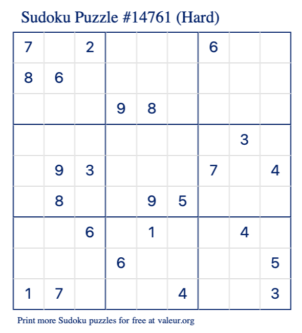 Free Printable Hard Sudoku Puzzle number 14761