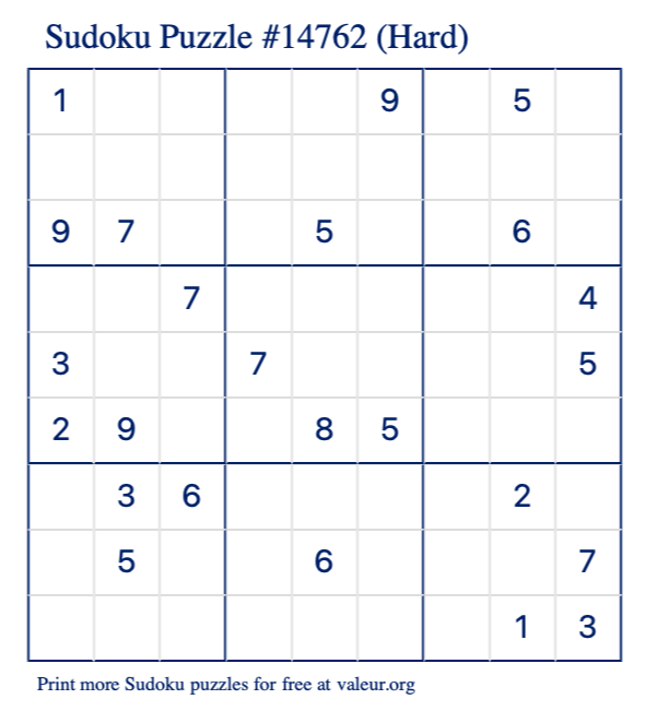 Free Printable Hard Sudoku Puzzle number 14762