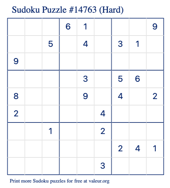 Free Printable Hard Sudoku Puzzle number 14763