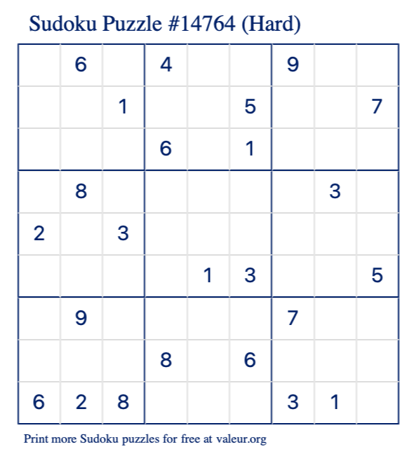 Free Printable Hard Sudoku Puzzle number 14764