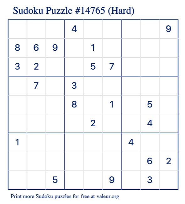 Free Printable Hard Sudoku Puzzle number 14765